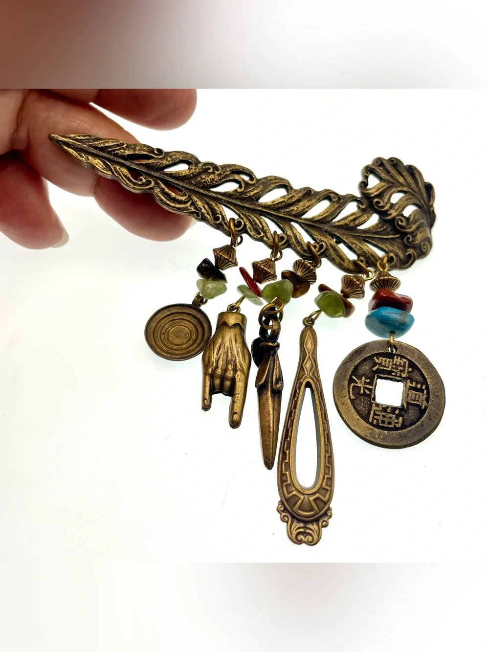 Vintage Upcycled Brass Feather Brooch Genuine Gemstone Dangles Asian Inspired